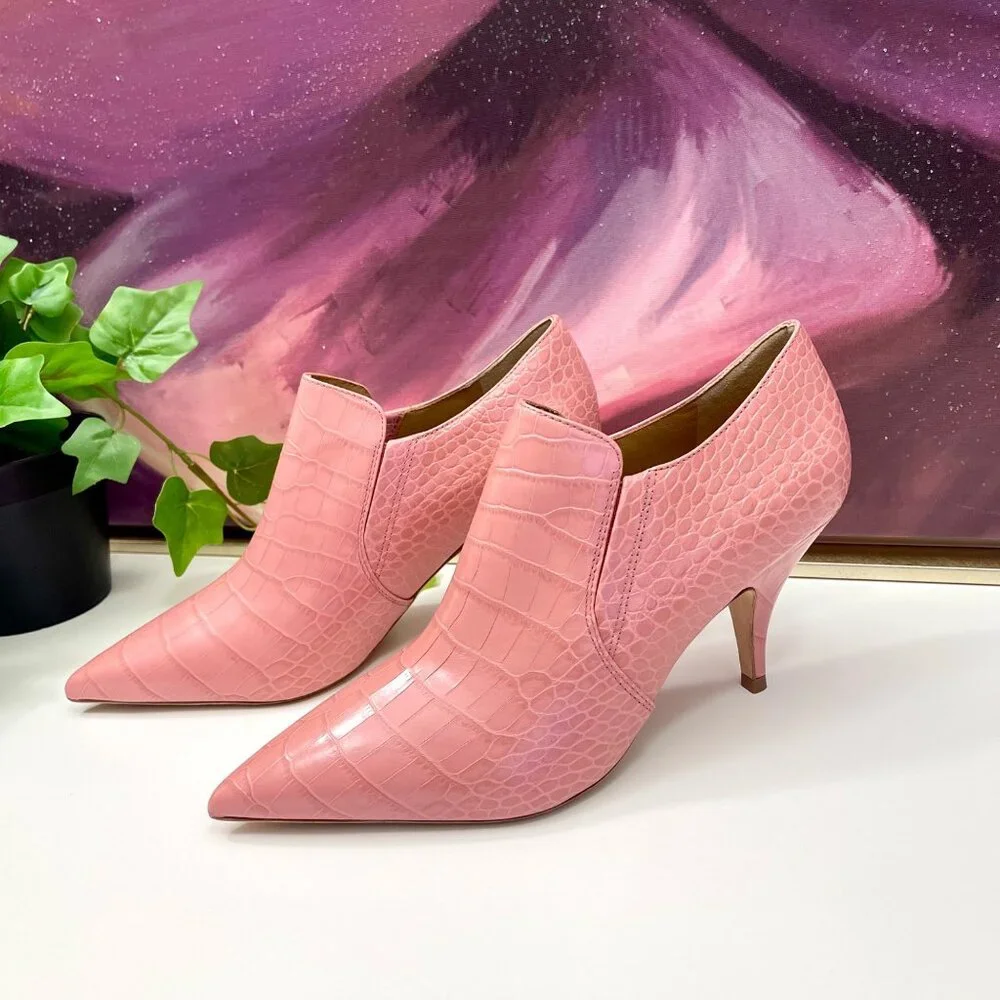 Tory Burch Pink Croc-Embossed Pointed Toe Ankle Booties